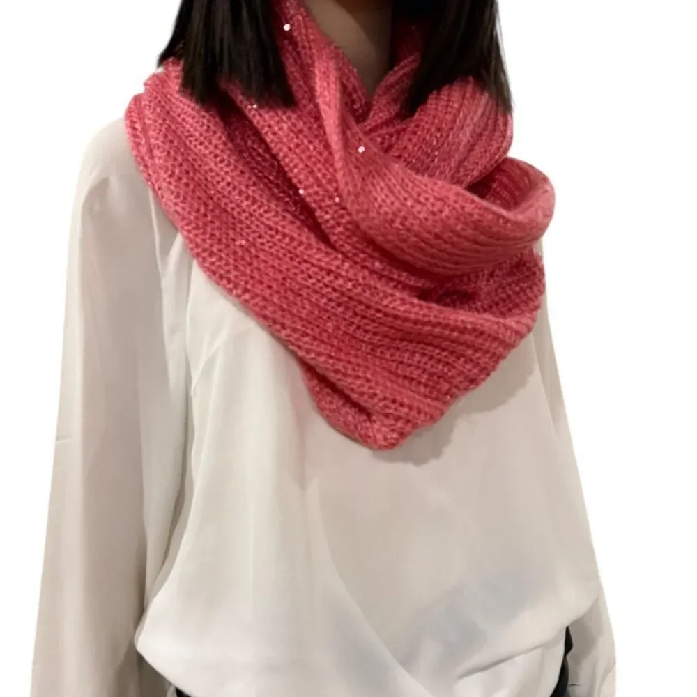 Pink Infinity Sequins Wide Knitted Scarf - NEW